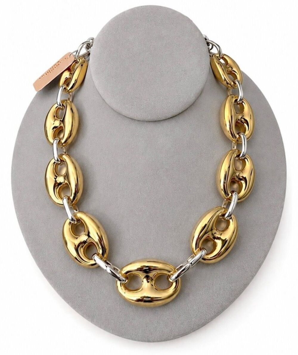 New Gorgeous Camila Coelho Big Puffed Gold Silver Mariner Links Necklace 18”+3” - Picture 16 of 16
